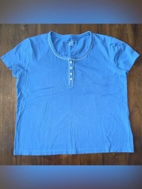 Mountain Lake Women’s Blue Short Sleeve Tee Shirt White Pipping L Henley Cotton